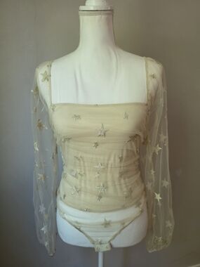 LE LIS Cream Star-Embroidered Bodysuit With Sheer Sleeves